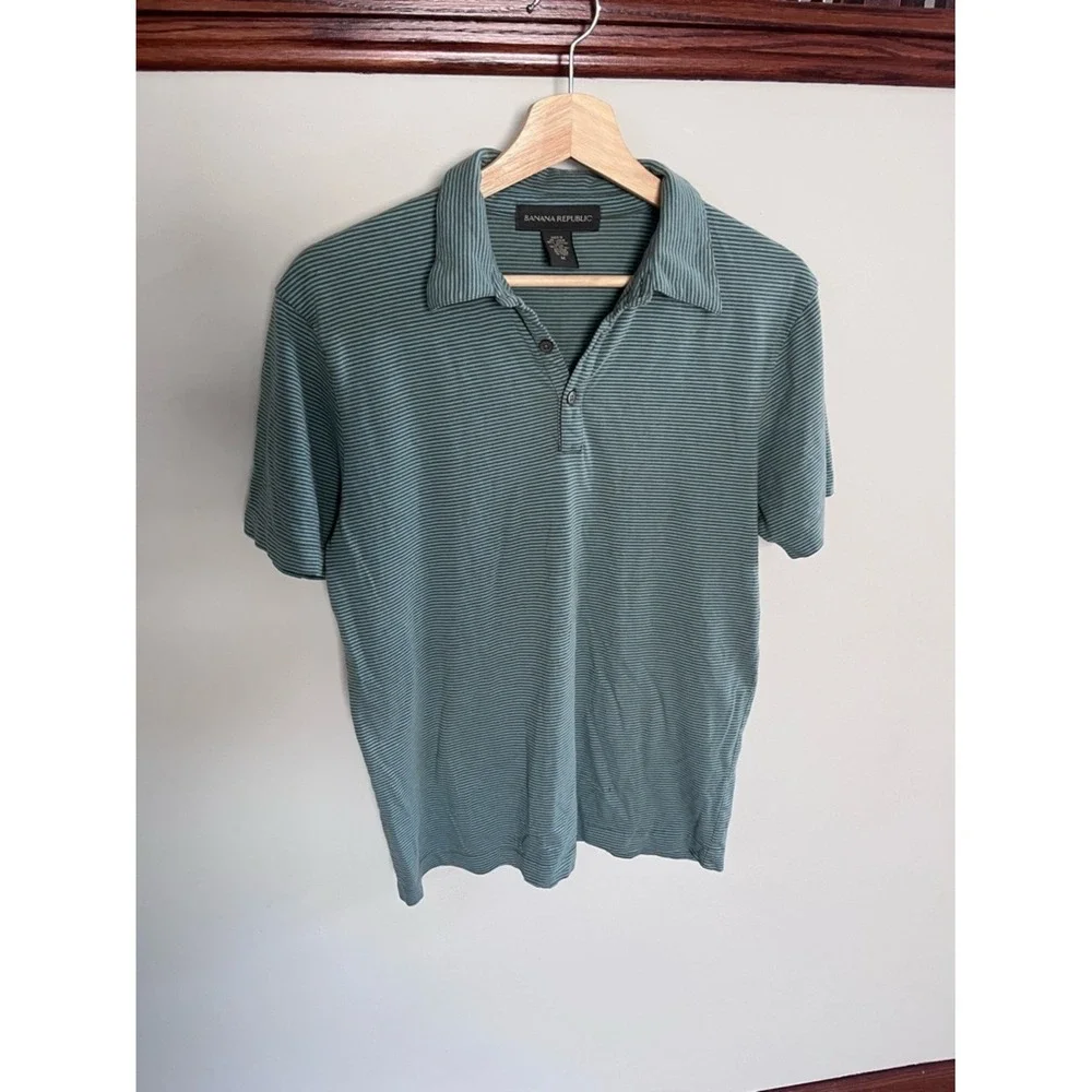Banana Republic Mens Polo Shirt Medium Green Blue Stripe Short Sleeve Cotton